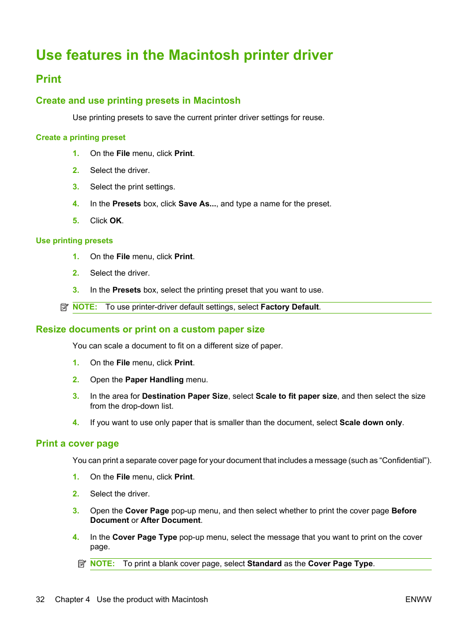 Use features in the macintosh printer driver, Print, Create and use printing presets in macintosh | Resize documents or print on a custom paper size | HP LaserJet M2727 Multifunction Printer series User Manual | Page 44 / 266