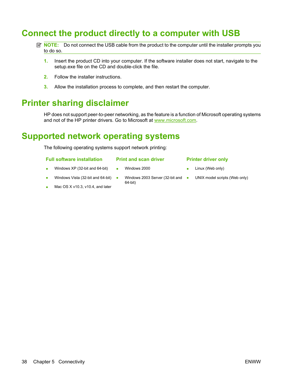 Printer sharing disclaimer, Supported network operating systems | HP LaserJet M2727 Multifunction Printer series User Manual | Page 50 / 266