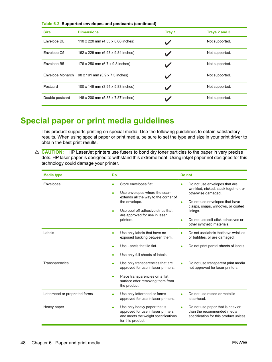 Special paper or print media guidelines | HP LaserJet M2727 Multifunction Printer series User Manual | Page 60 / 266