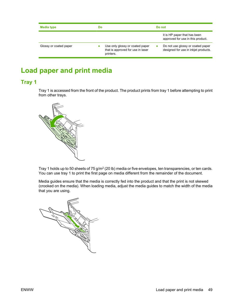 Load paper and print media, Tray 1 | HP LaserJet M2727 Multifunction Printer series User Manual | Page 61 / 266