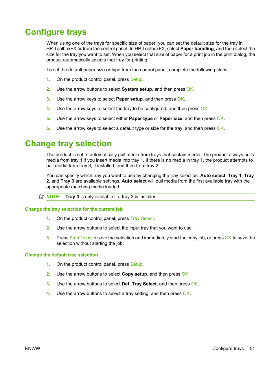 Configure trays, Change tray selection, Configure trays change tray selection | HP LaserJet M2727 Multifunction Printer series User Manual | Page 63 / 266