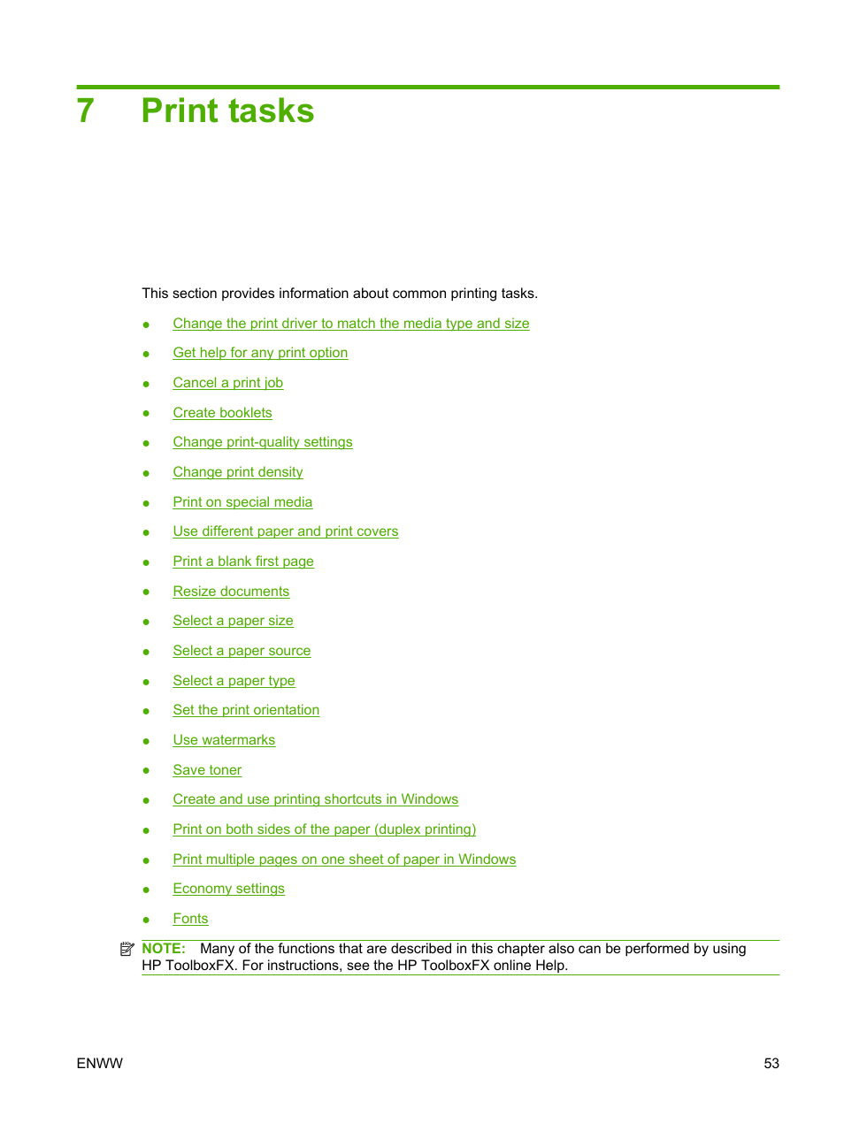 Print tasks, 7 print tasks, 7print tasks | HP LaserJet M2727 Multifunction Printer series User Manual | Page 65 / 266