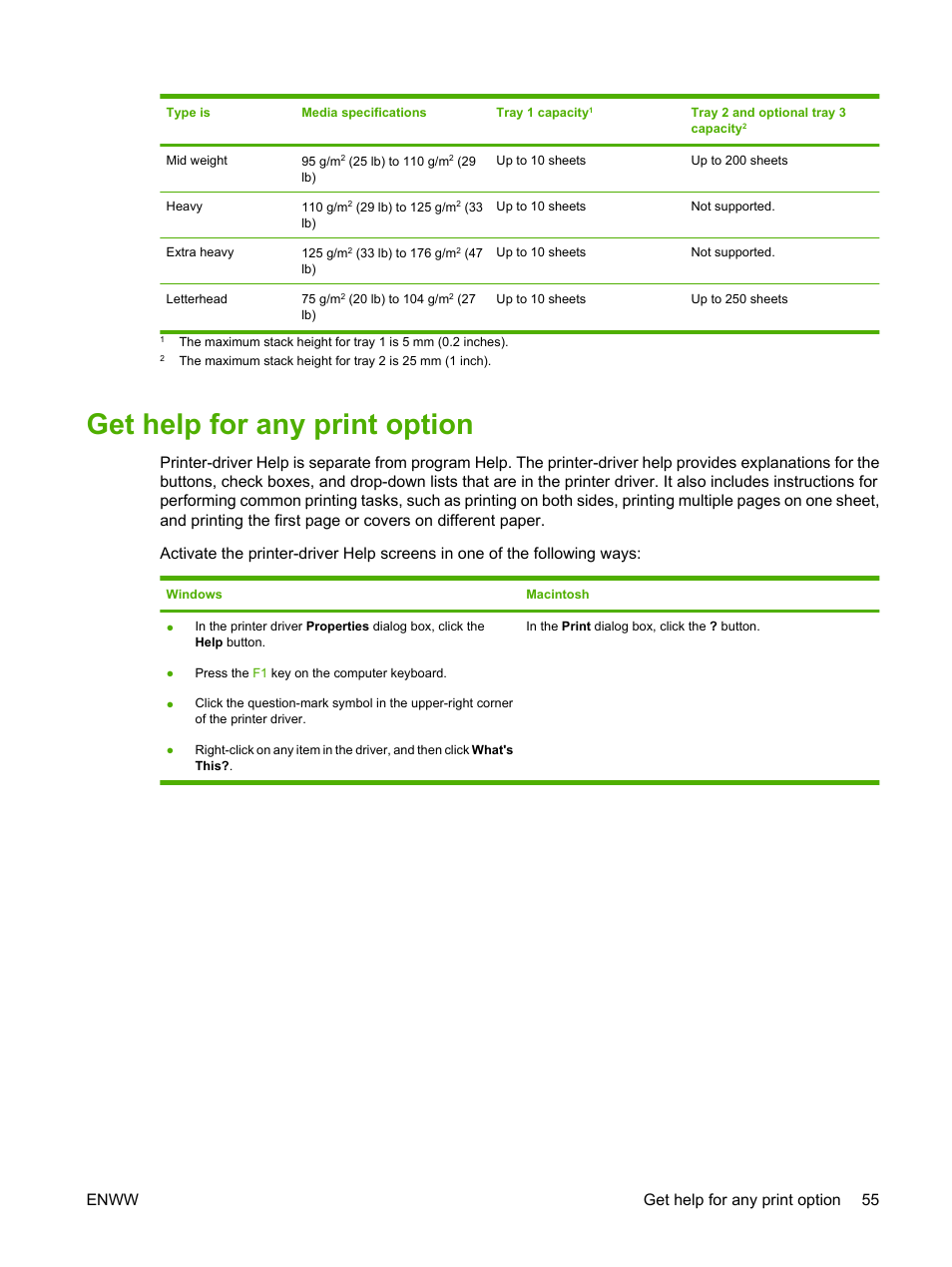 Get help for any print option, Enww get help for any print option 55 | HP LaserJet M2727 Multifunction Printer series User Manual | Page 67 / 266