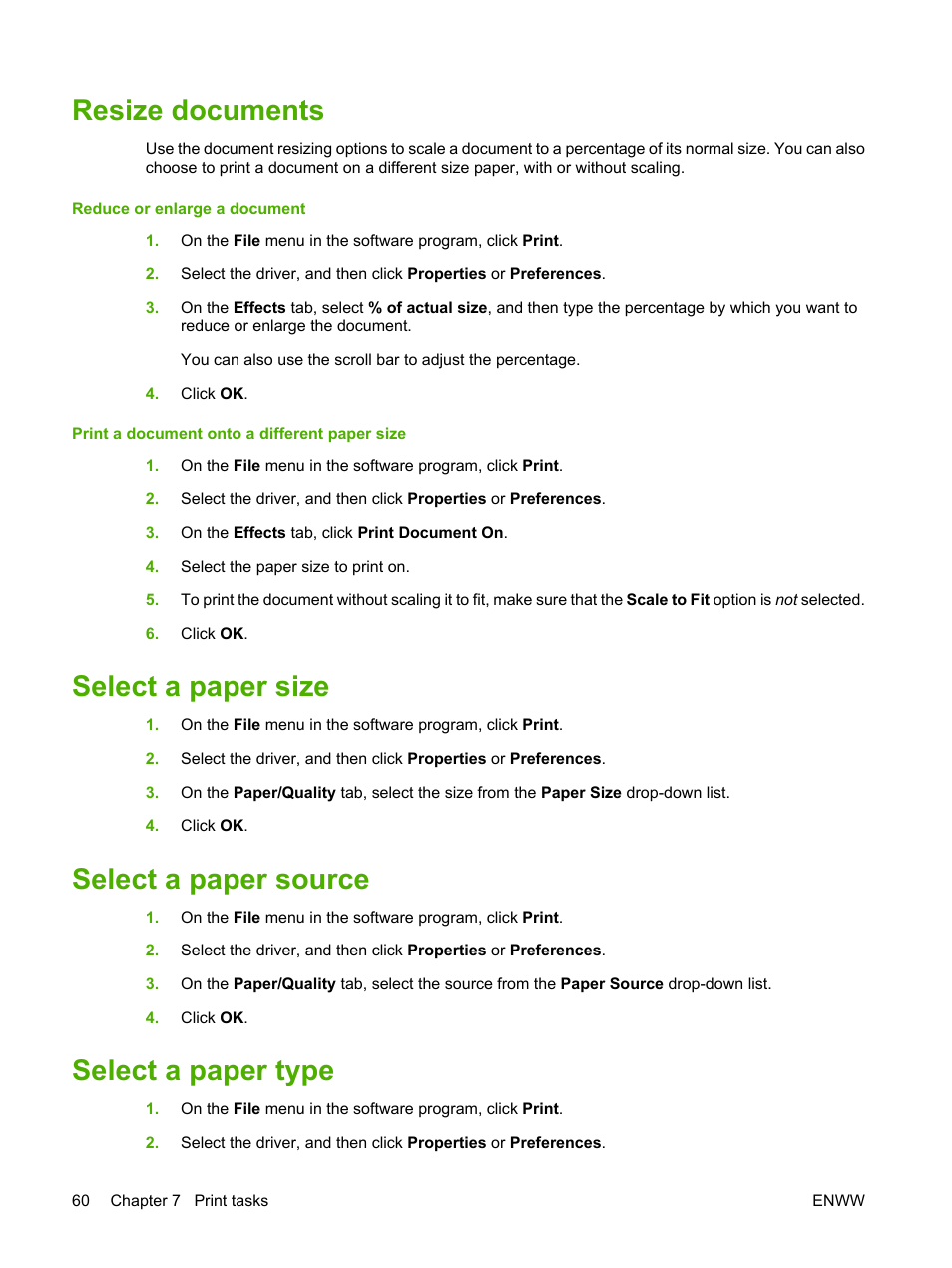 Resize documents, Select a paper size, Select a paper source | Select a paper type | HP LaserJet M2727 Multifunction Printer series User Manual | Page 72 / 266