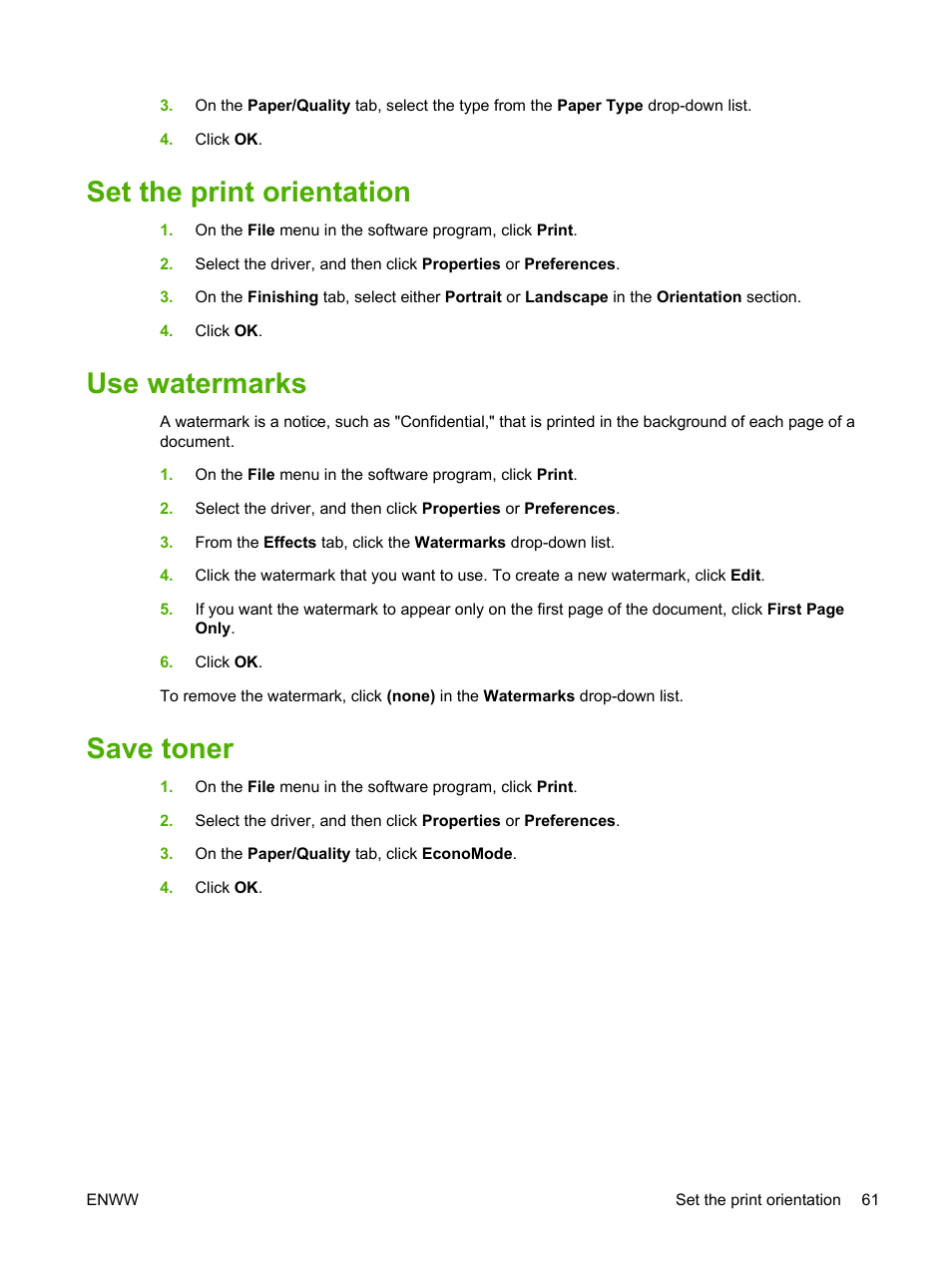 Set the print orientation, Use watermarks, Save toner | HP LaserJet M2727 Multifunction Printer series User Manual | Page 73 / 266