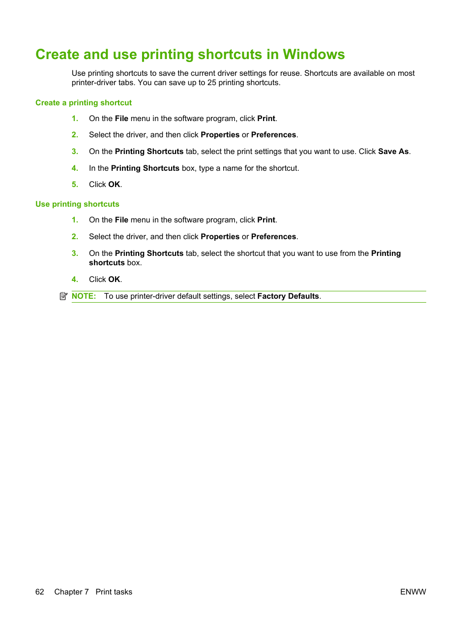 Create and use printing shortcuts in windows | HP LaserJet M2727 Multifunction Printer series User Manual | Page 74 / 266