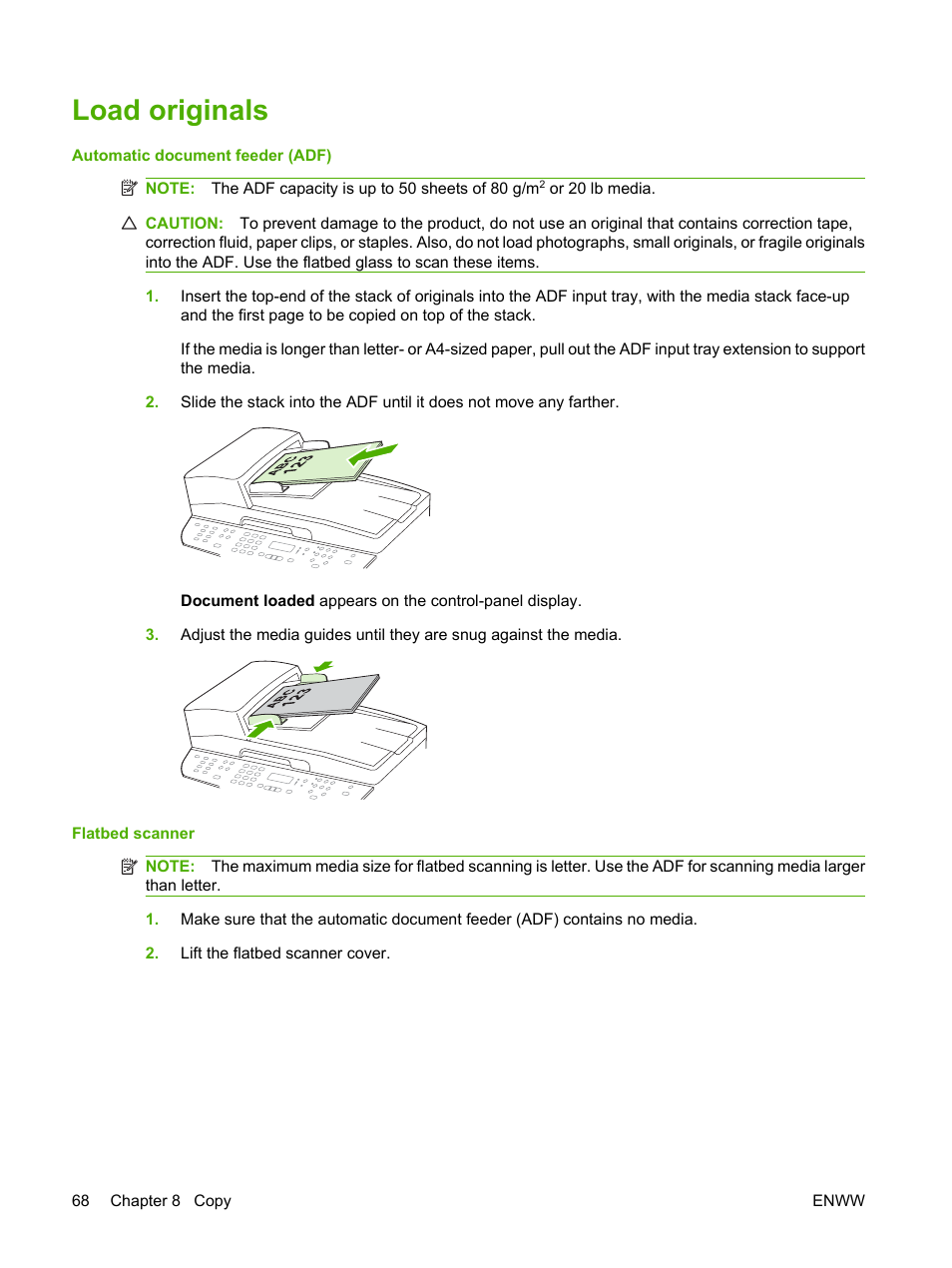 Load originals | HP LaserJet M2727 Multifunction Printer series User Manual | Page 80 / 266
