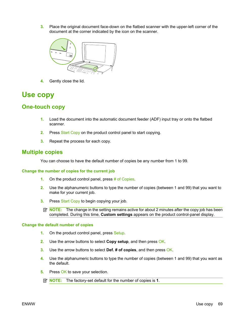 Use copy, One-touch copy, Multiple copies | One-touch copy multiple copies | HP LaserJet M2727 Multifunction Printer series User Manual | Page 81 / 266