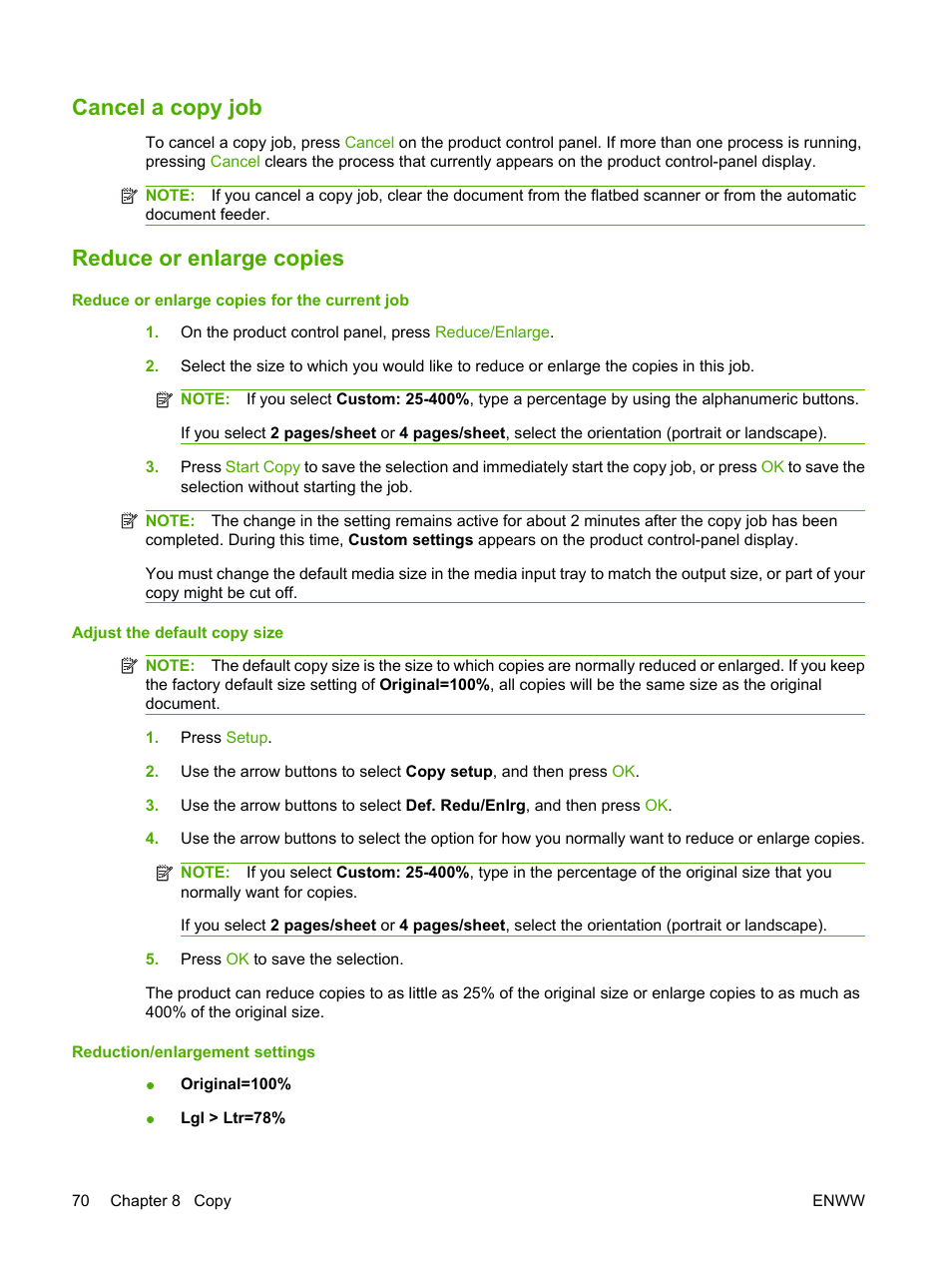 Cancel a copy job, Reduce or enlarge copies, Cancel a copy job reduce or enlarge copies | HP LaserJet M2727 Multifunction Printer series User Manual | Page 82 / 266