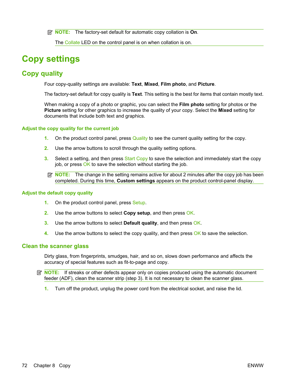 Copy settings, Copy quality, Clean the scanner glass | HP LaserJet M2727 Multifunction Printer series User Manual | Page 84 / 266