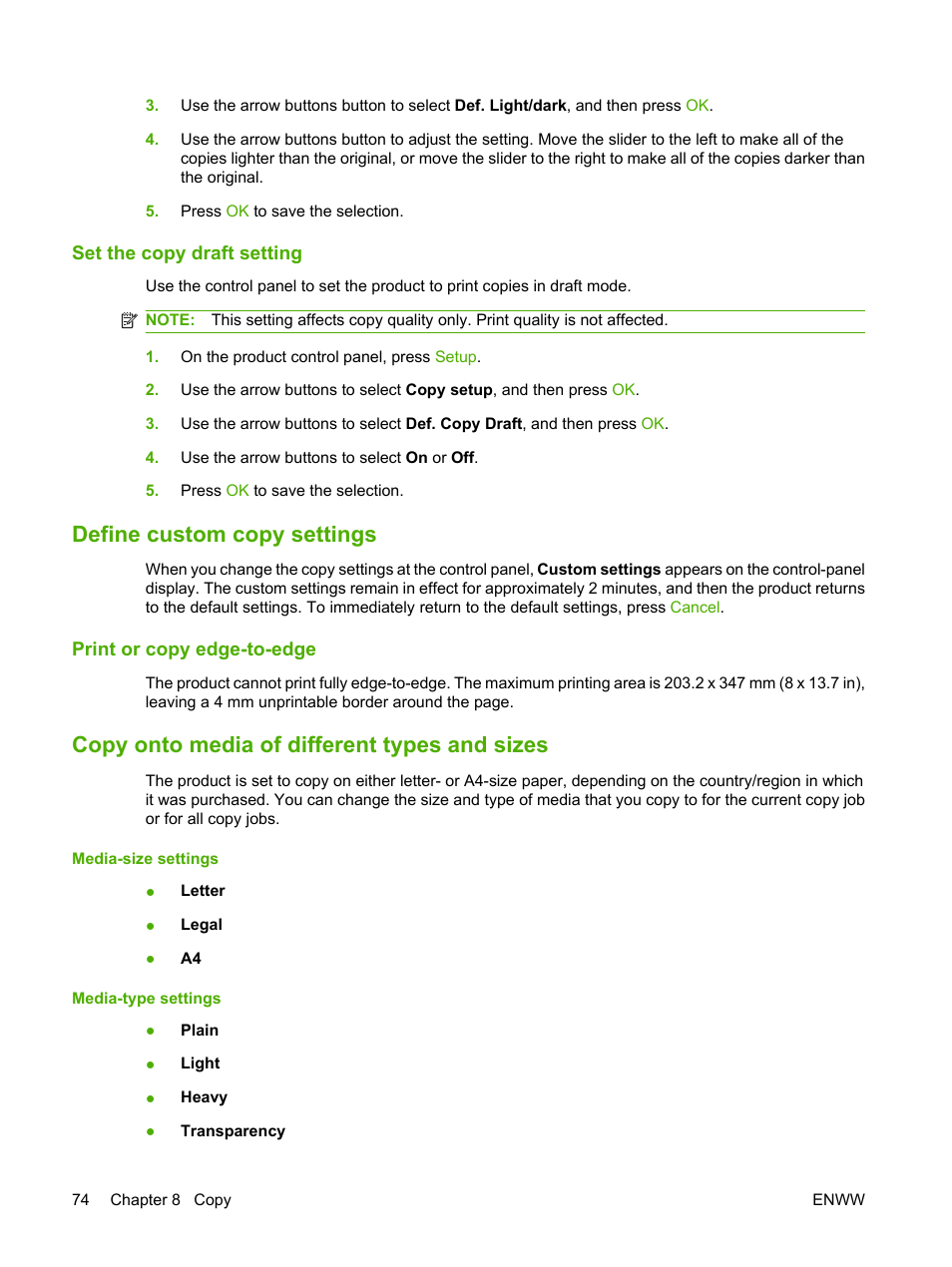 Set the copy draft setting, Define custom copy settings, Print or copy edge-to-edge | Copy onto media of different types and sizes | HP LaserJet M2727 Multifunction Printer series User Manual | Page 86 / 266