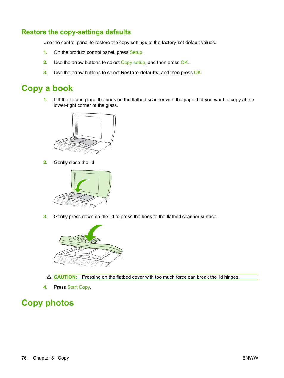 Restore the copy-settings defaults, Copy a book, Copy photos | Copy a book copy photos | HP LaserJet M2727 Multifunction Printer series User Manual | Page 88 / 266