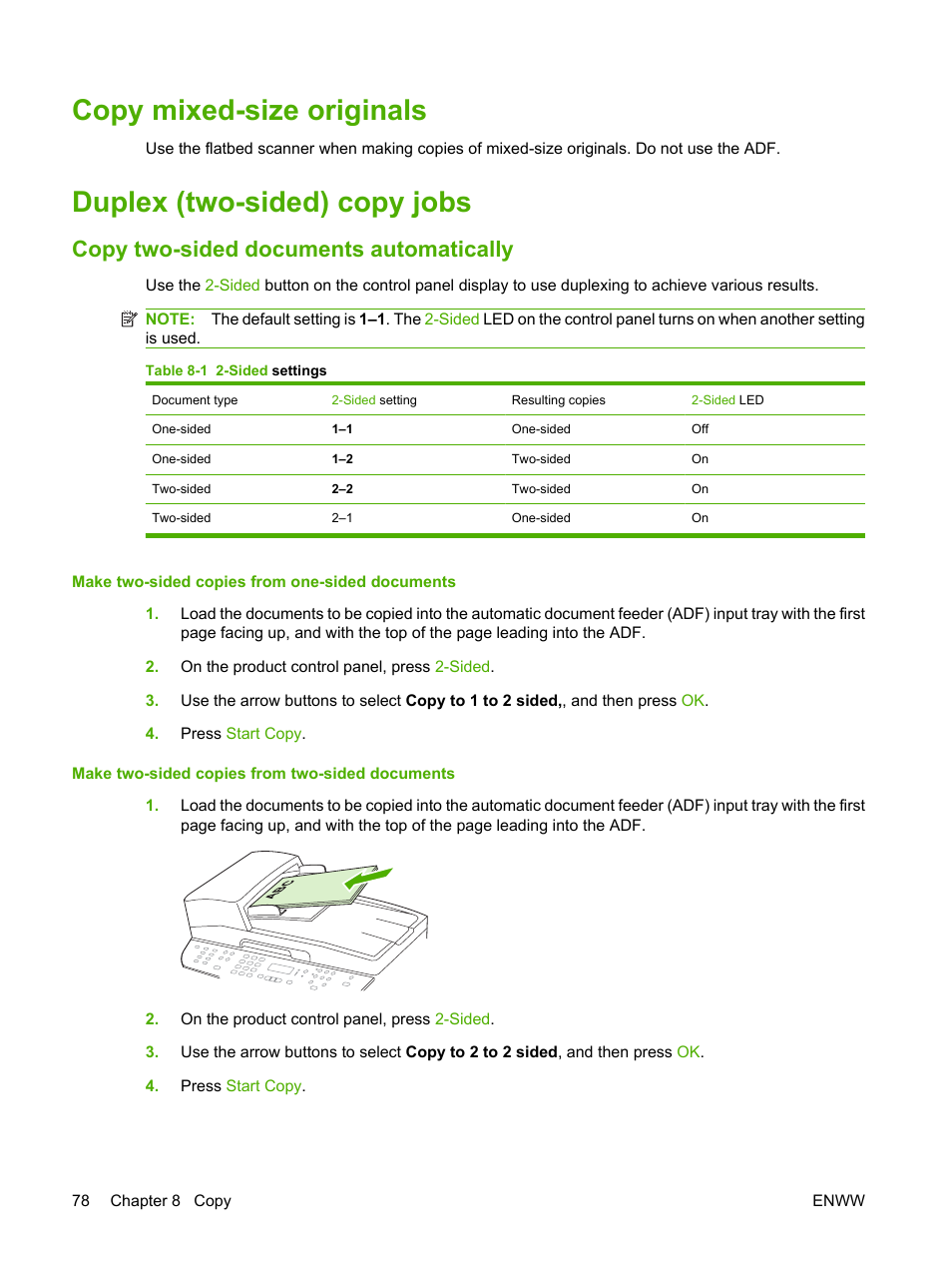 Copy mixed-size originals, Duplex (two-sided) copy jobs, Copy two-sided documents automatically | HP LaserJet M2727 Multifunction Printer series User Manual | Page 90 / 266