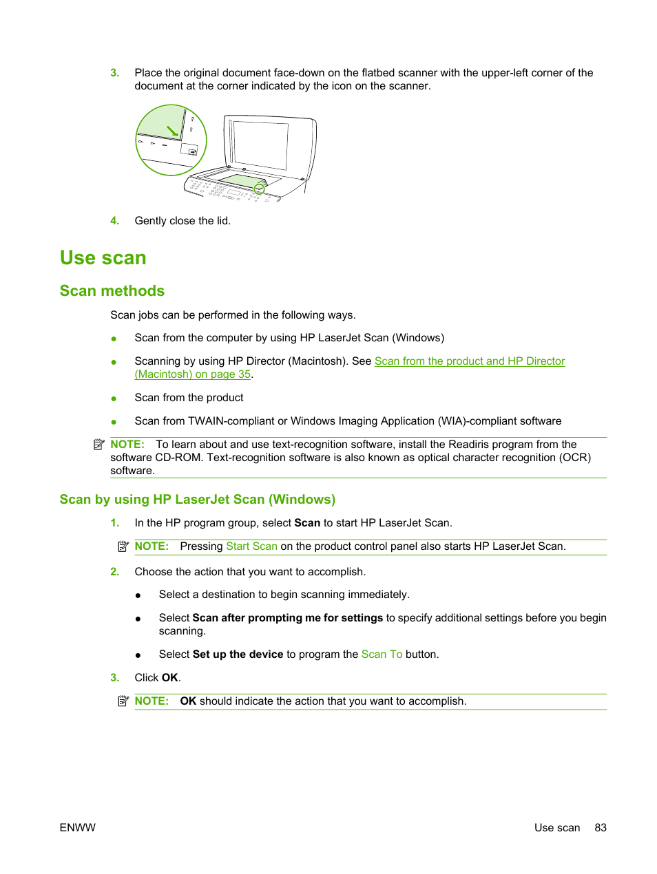 Use scan, Scan methods, Scan by using hp laserjet scan (windows) | HP LaserJet M2727 Multifunction Printer series User Manual | Page 95 / 266