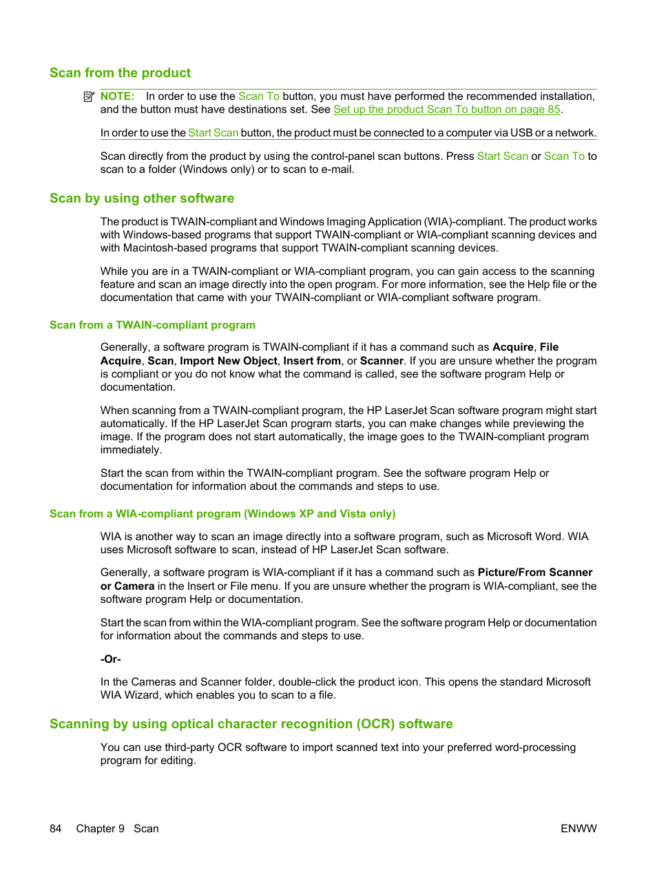 Scan from the product, Scan by using other software, Scan from a twain-compliant program | HP LaserJet M2727 Multifunction Printer series User Manual | Page 96 / 266