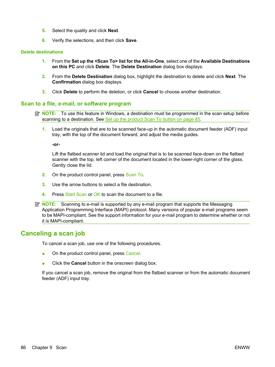 Scan to a file, e-mail, or software program, Canceling a scan job | HP LaserJet M2727 Multifunction Printer series User Manual | Page 98 / 266