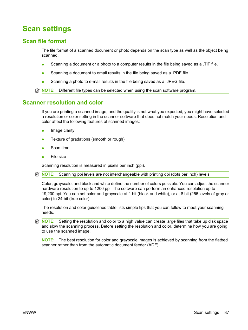 Scan settings, Scan file format, Scanner resolution and color | Scan file format scanner resolution and color | HP LaserJet M2727 Multifunction Printer series User Manual | Page 99 / 266