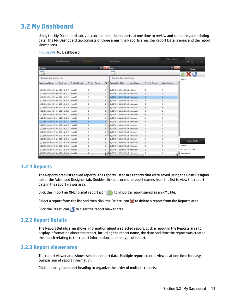 My dashboard, Reports, Report details | Report viewer area, 2 my dashboard, Figure 3-8 my dashboard, 1 reports, 2 report details, 3 report viewer area | HP Access Control User Manual | Page 15 / 22