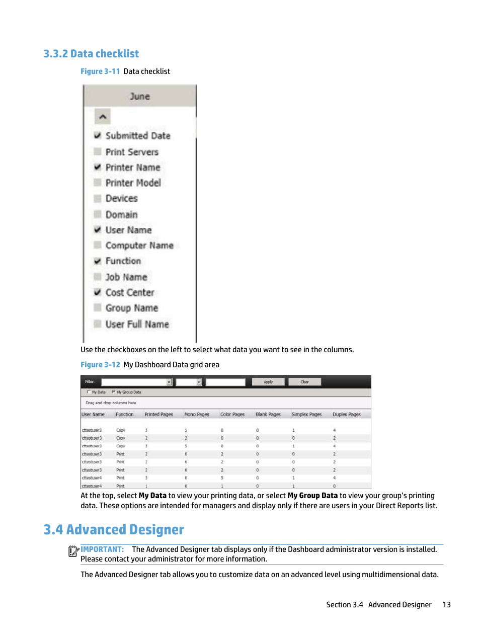 Data checklist, Advanced designer, 2 data checklist | 4 advanced designer, Figure 3-11 data checklist, Figure 3-12 my dashboard data grid area | HP Access Control User Manual | Page 17 / 22