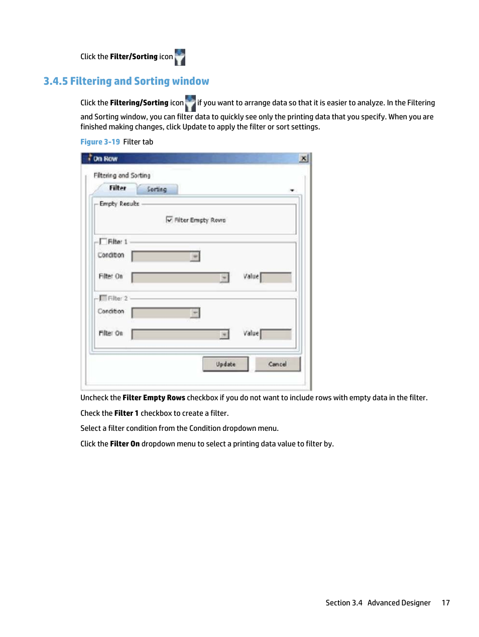 Filtering and sorting window, 5 filtering and sorting window, Figure 3-19 filter tab | HP Access Control User Manual | Page 21 / 22