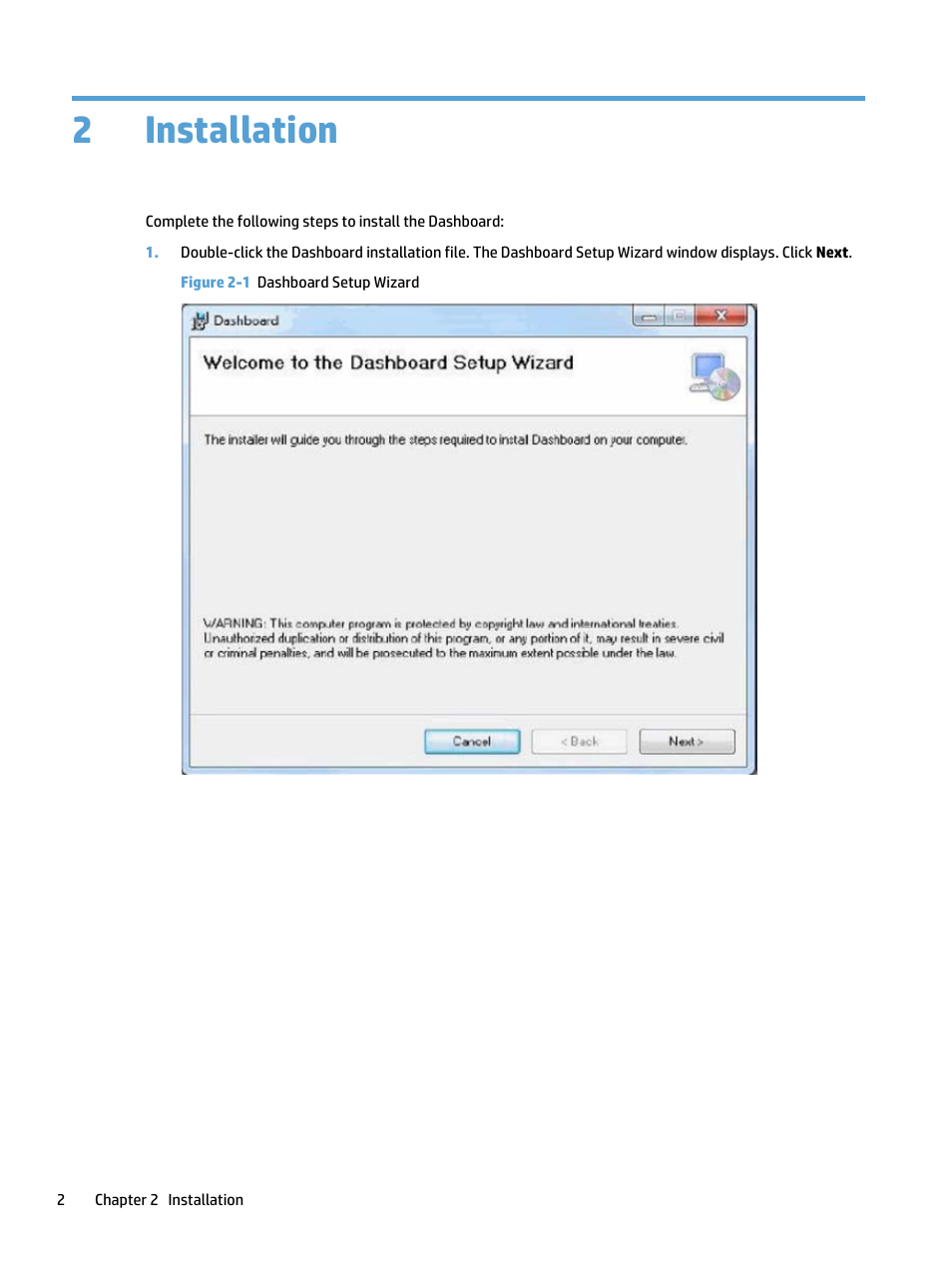 Installation, 2 installation, Figure 2-1 dashboard setup wizard | 2installation | HP Access Control User Manual | Page 6 / 22