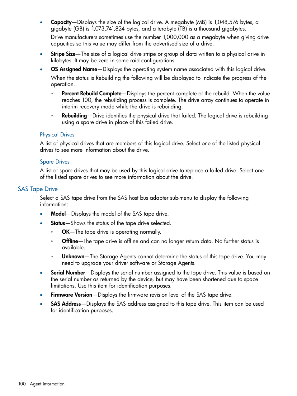 Physical drives, Spare drives, Sas tape drive | Physical drives spare drives | HP Insight Management Agents User Manual | Page 100 / 165