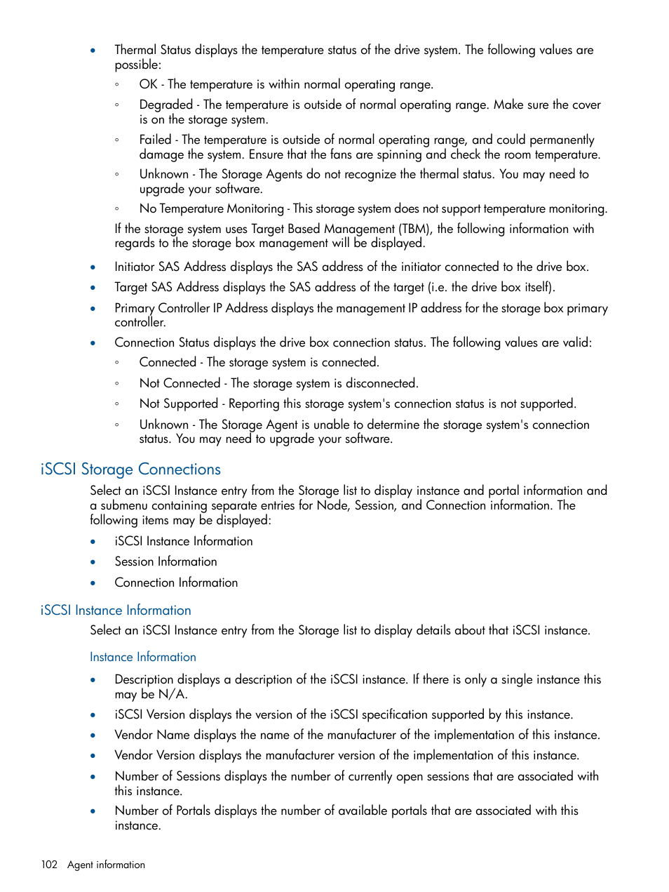 Iscsi storage connections, Iscsi instance information, Instance information | HP Insight Management Agents User Manual | Page 102 / 165