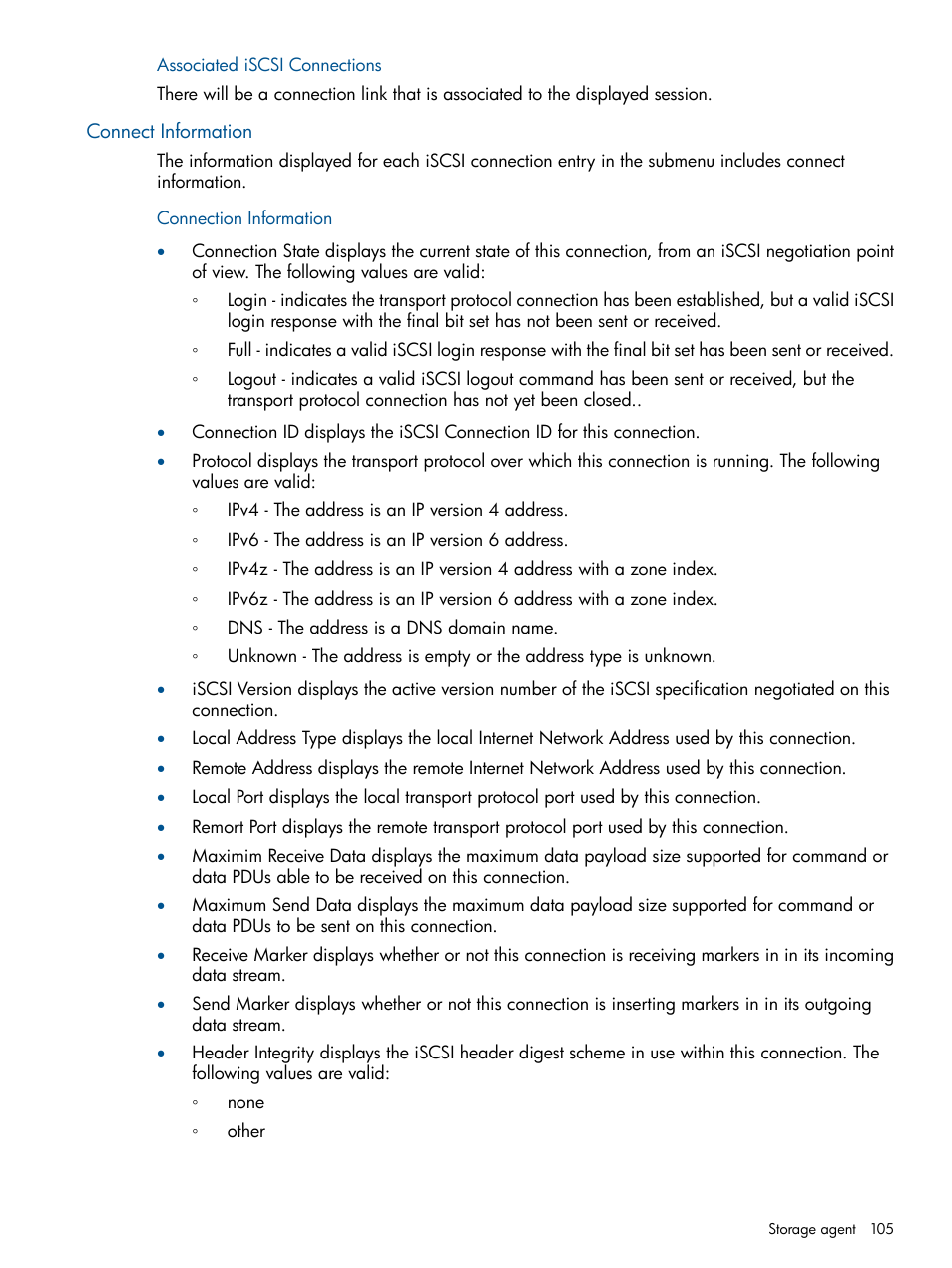 Associated iscsi connections, Connect information, Connection information | HP Insight Management Agents User Manual | Page 105 / 165