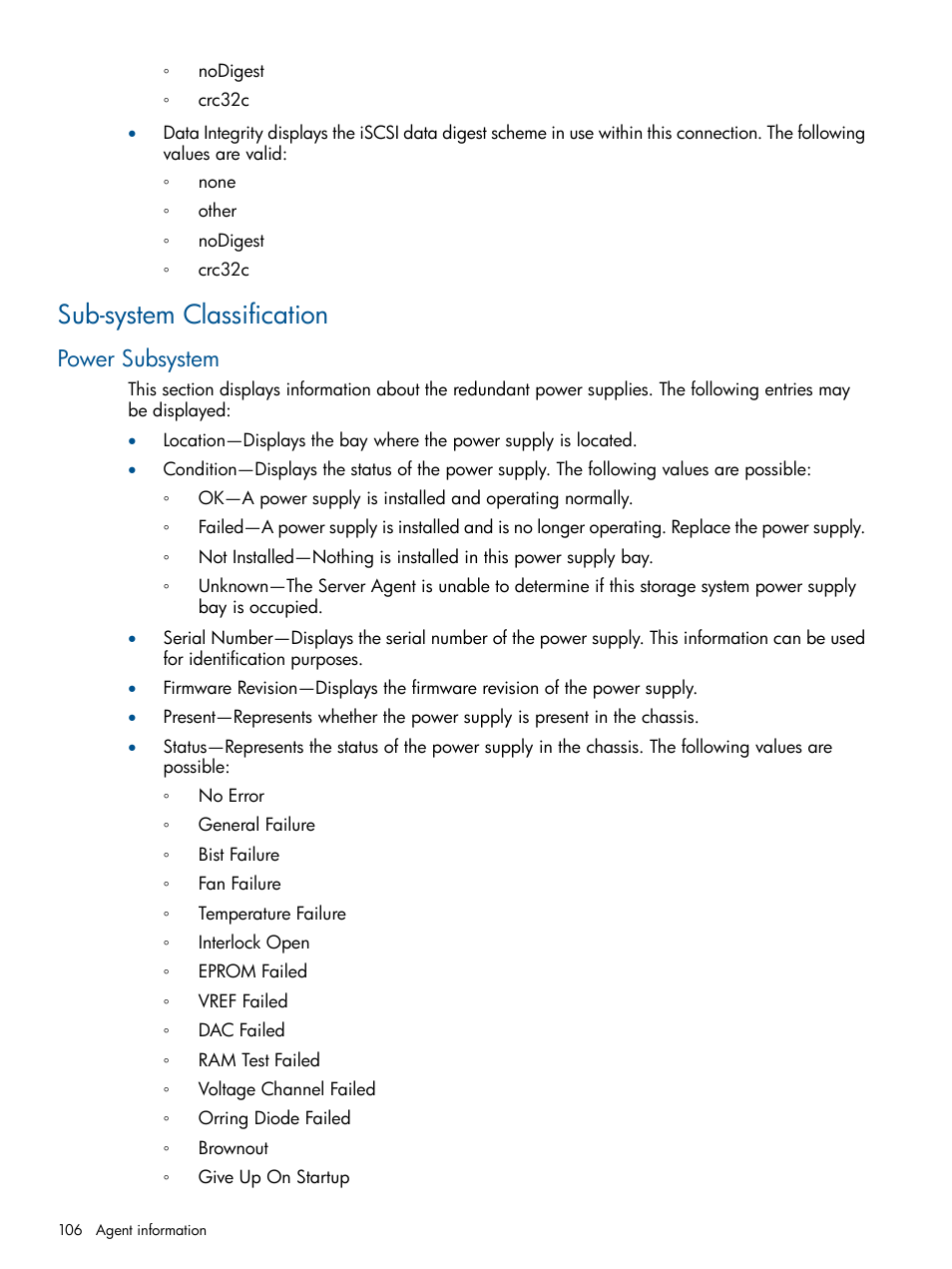 Sub-system classification, Power subsystem | HP Insight Management Agents User Manual | Page 106 / 165