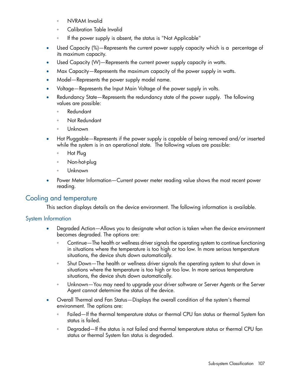 Cooling and temperature, System information | HP Insight Management Agents User Manual | Page 107 / 165