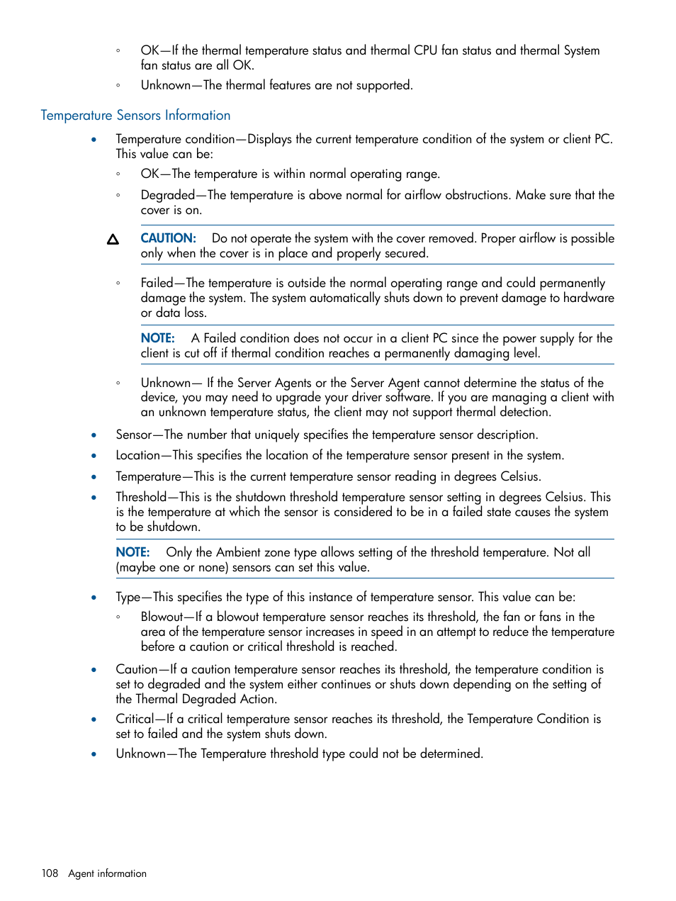 Temperature sensors information | HP Insight Management Agents User Manual | Page 108 / 165