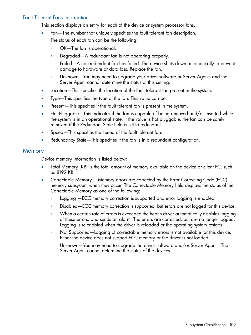 Fault tolerant fans information, Memory | HP Insight Management Agents User Manual | Page 109 / 165