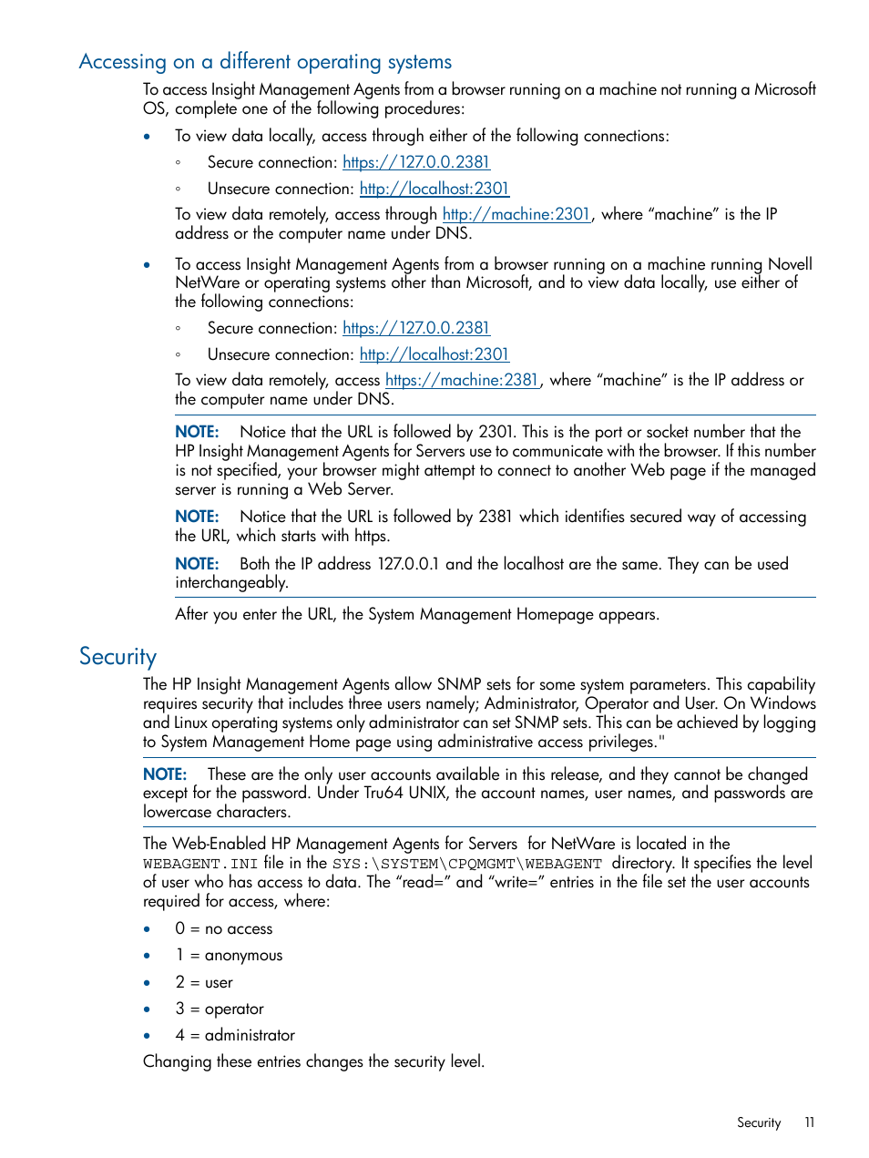 Accessing on a different operating systems, Security | HP Insight Management Agents User Manual | Page 11 / 165