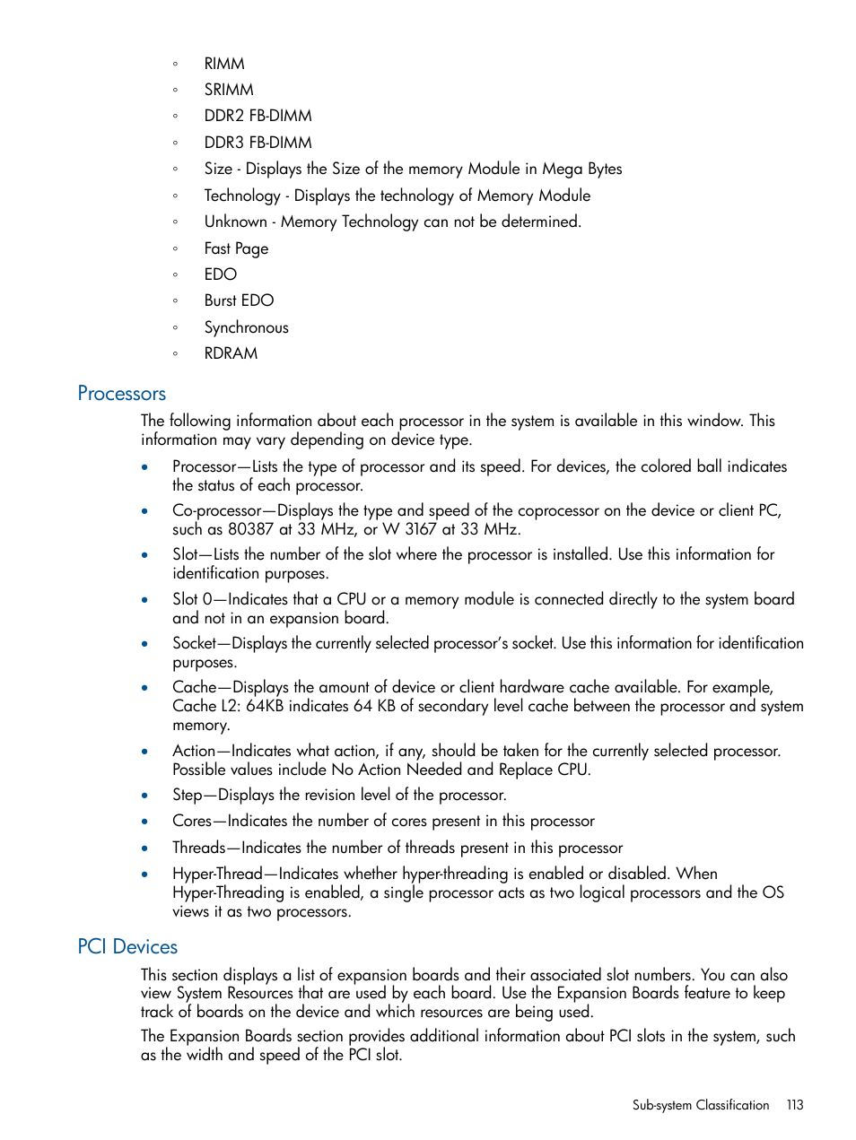 Processors, Pci devices, Processors pci devices | HP Insight Management Agents User Manual | Page 113 / 165