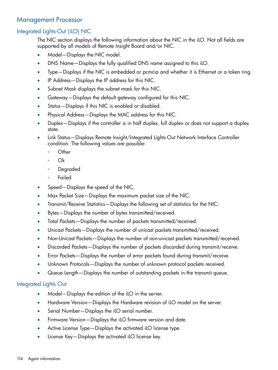 Management processor, Integrated lights-out (ilo) nic, Integrated lights out | HP Insight Management Agents User Manual | Page 114 / 165