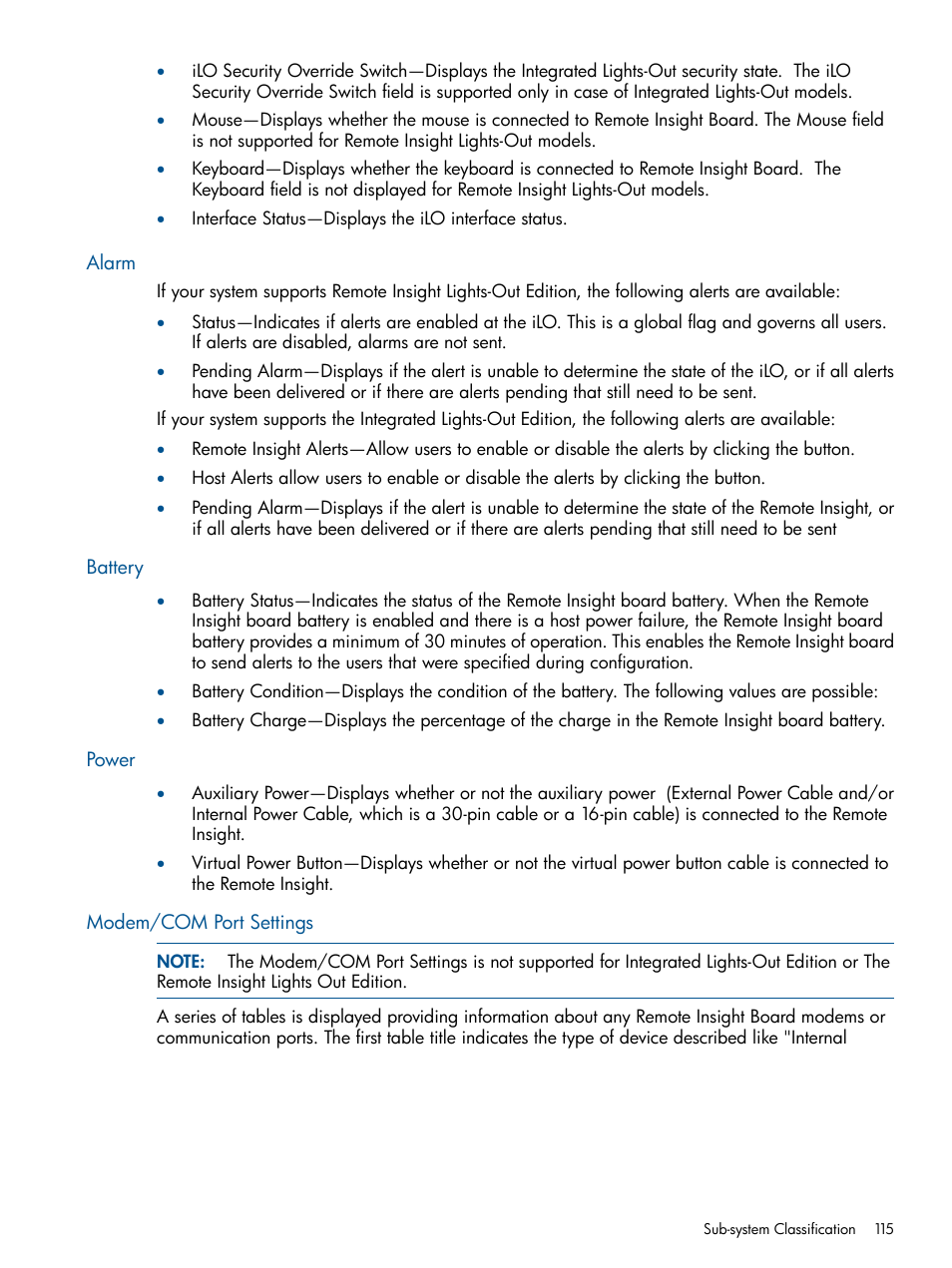 Alarm, Battery, Power | Modem/com port settings, Alarm battery power modem/com port settings | HP Insight Management Agents User Manual | Page 115 / 165