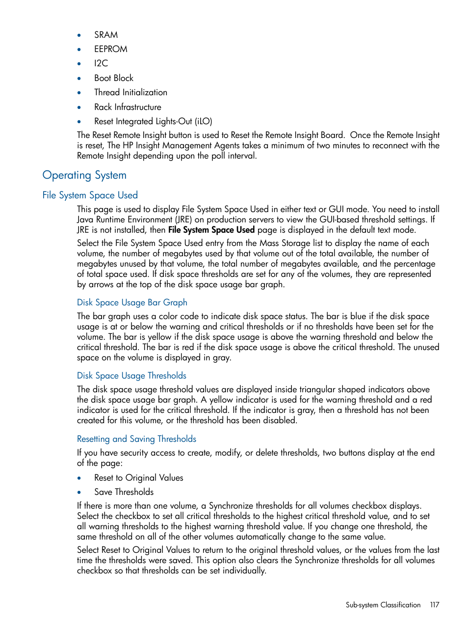 Operating system, File system space used, Disk space usage bar graph | Disk space usage thresholds, Resetting and saving thresholds | HP Insight Management Agents User Manual | Page 117 / 165