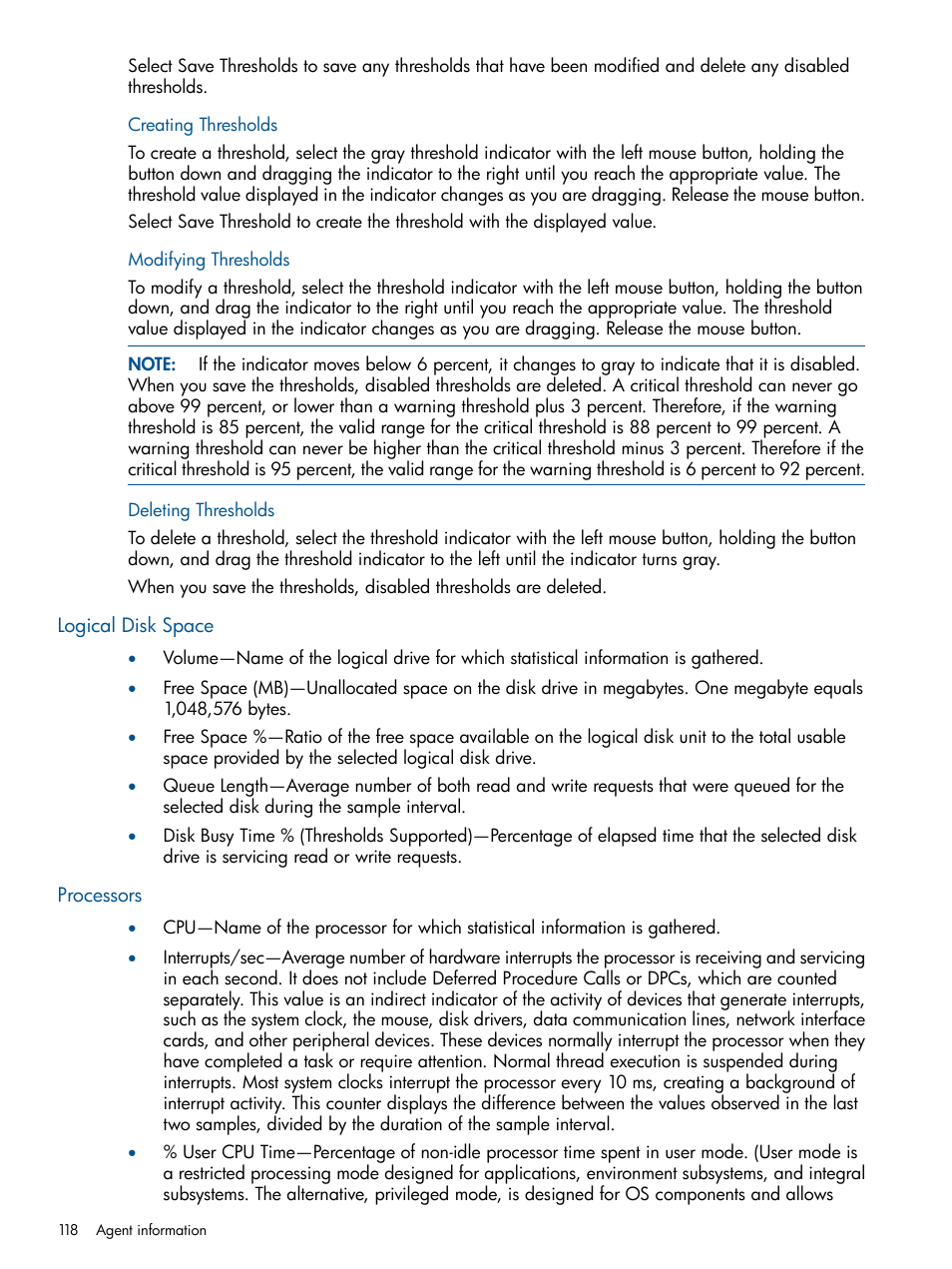 Creating thresholds, Modifying thresholds, Deleting thresholds | Logical disk space, Processors, Logical disk space processors | HP Insight Management Agents User Manual | Page 118 / 165