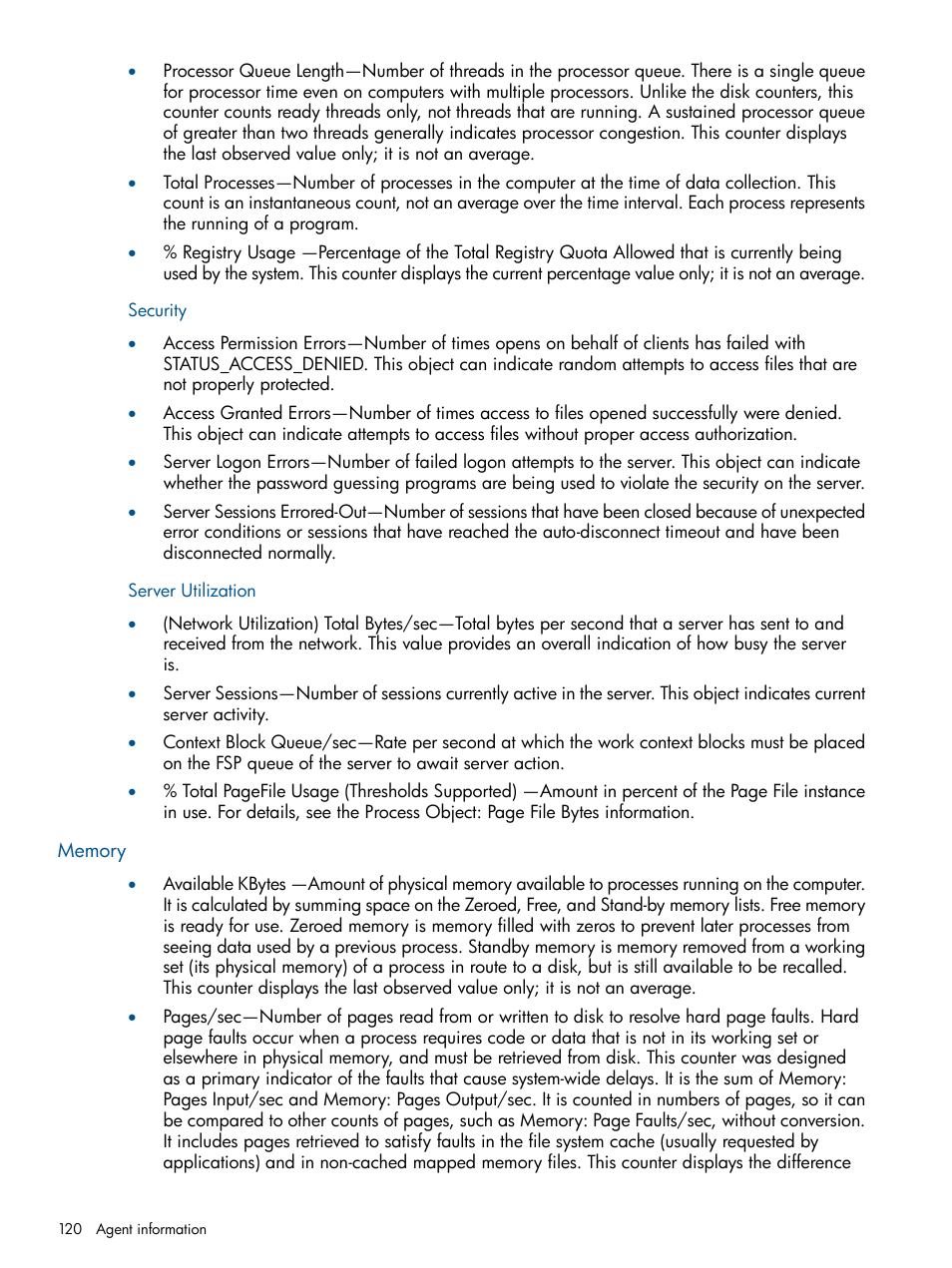 Security, Server utilization, Memory | Security server utilization | HP Insight Management Agents User Manual | Page 120 / 165