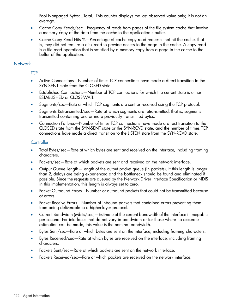 Network, Controller, Tcp controller | HP Insight Management Agents User Manual | Page 122 / 165