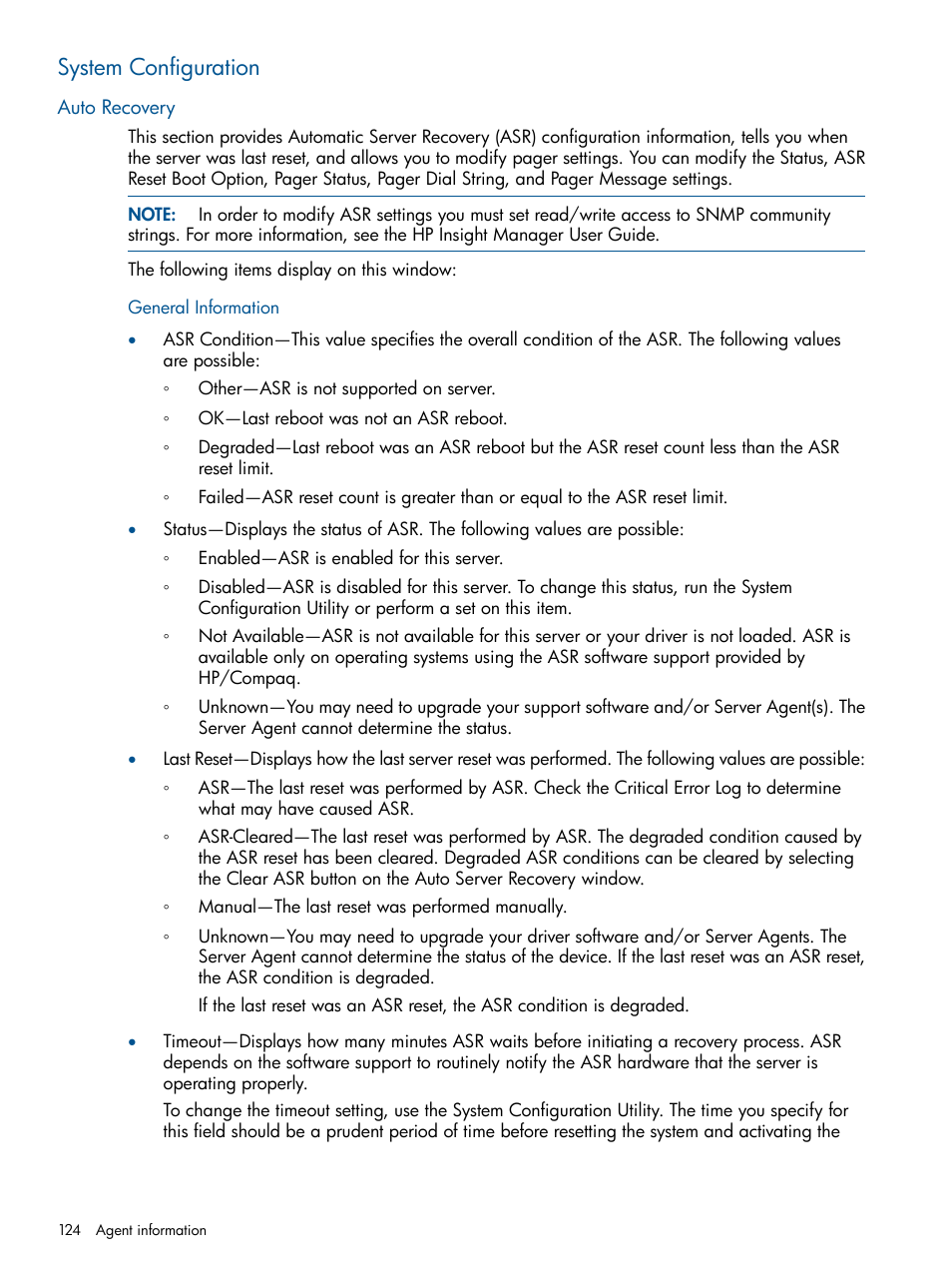 System configuration, Auto recovery, General information | HP Insight Management Agents User Manual | Page 124 / 165