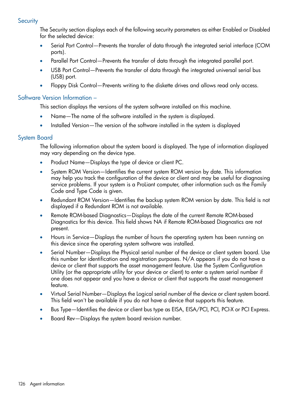 Security, Software version information, System board | HP Insight Management Agents User Manual | Page 126 / 165