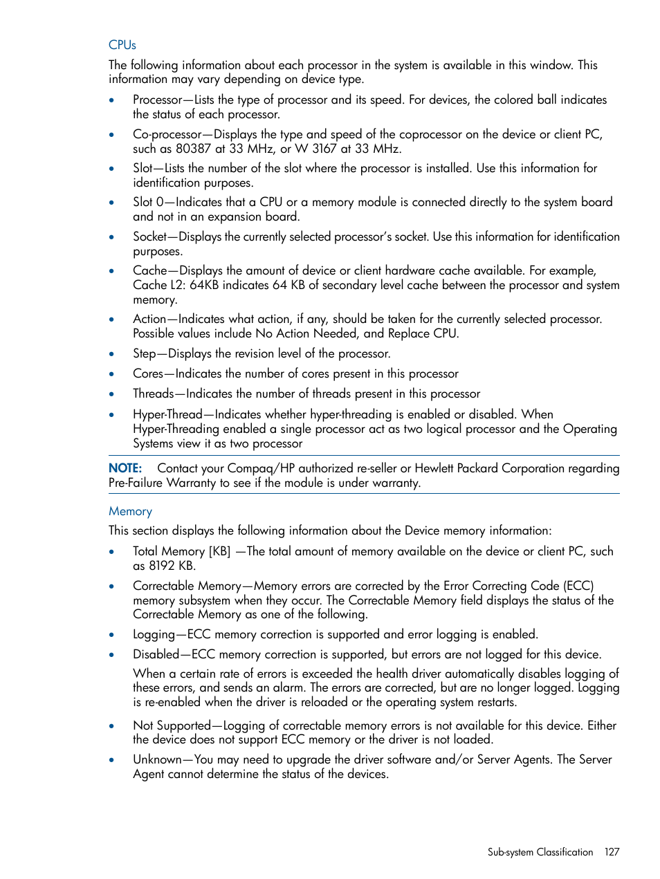 Cpus, Memory, Cpus memory | HP Insight Management Agents User Manual | Page 127 / 165