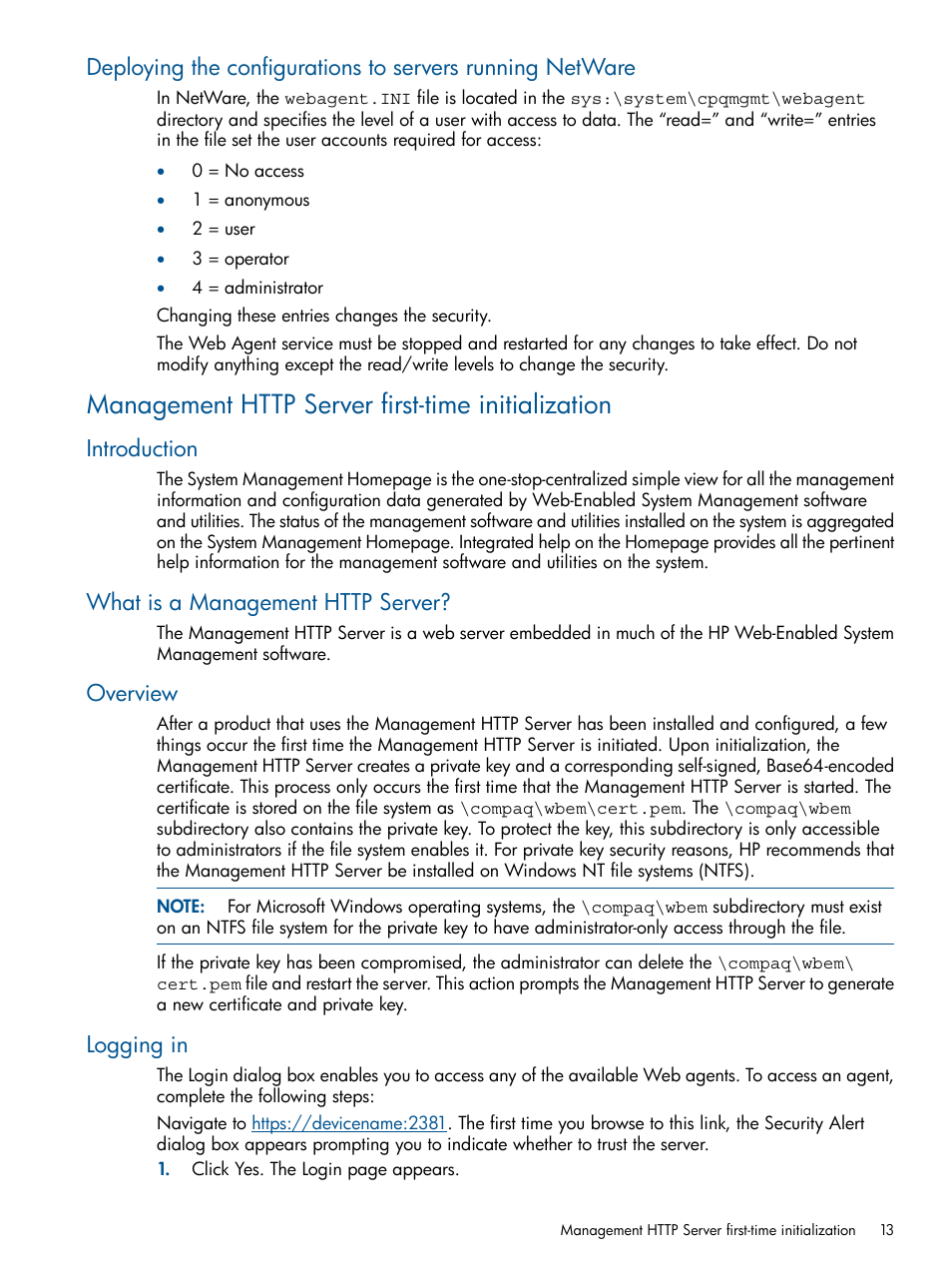 Management http server first-time initialization, Introduction, What is a management http server | Overview, Logging in | HP Insight Management Agents User Manual | Page 13 / 165