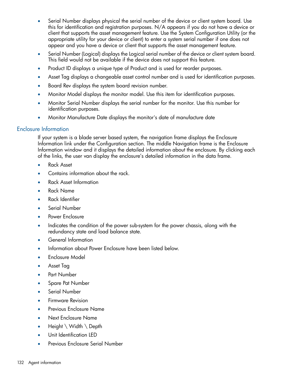 Enclosure information | HP Insight Management Agents User Manual | Page 132 / 165