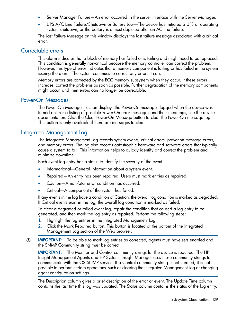 Correctable errors, Power-on messages, Integrated management log | HP Insight Management Agents User Manual | Page 139 / 165