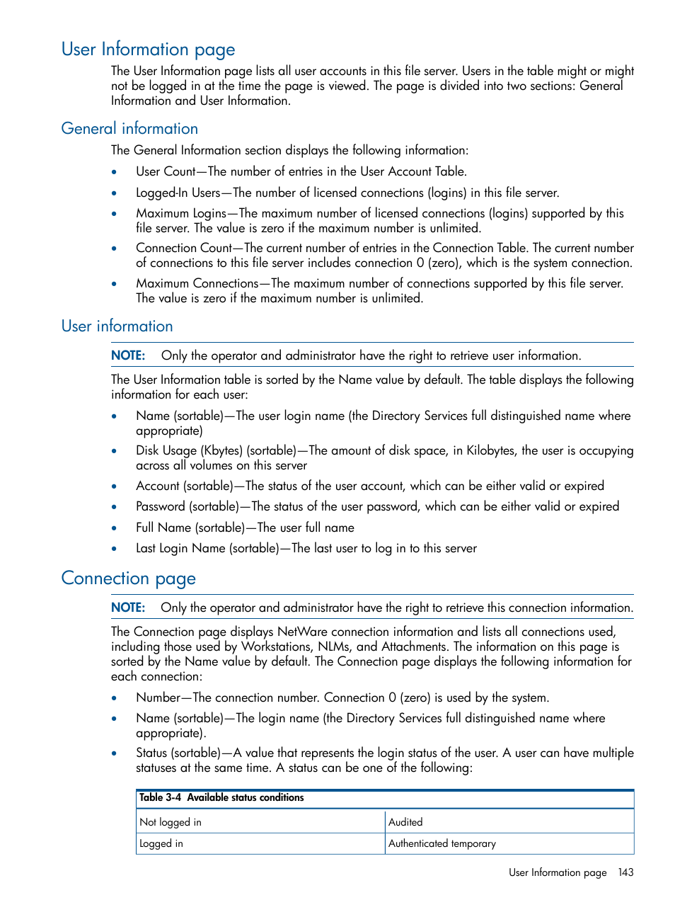 General information, User information, General information user information | User information page, Connection page | HP Insight Management Agents User Manual | Page 143 / 165