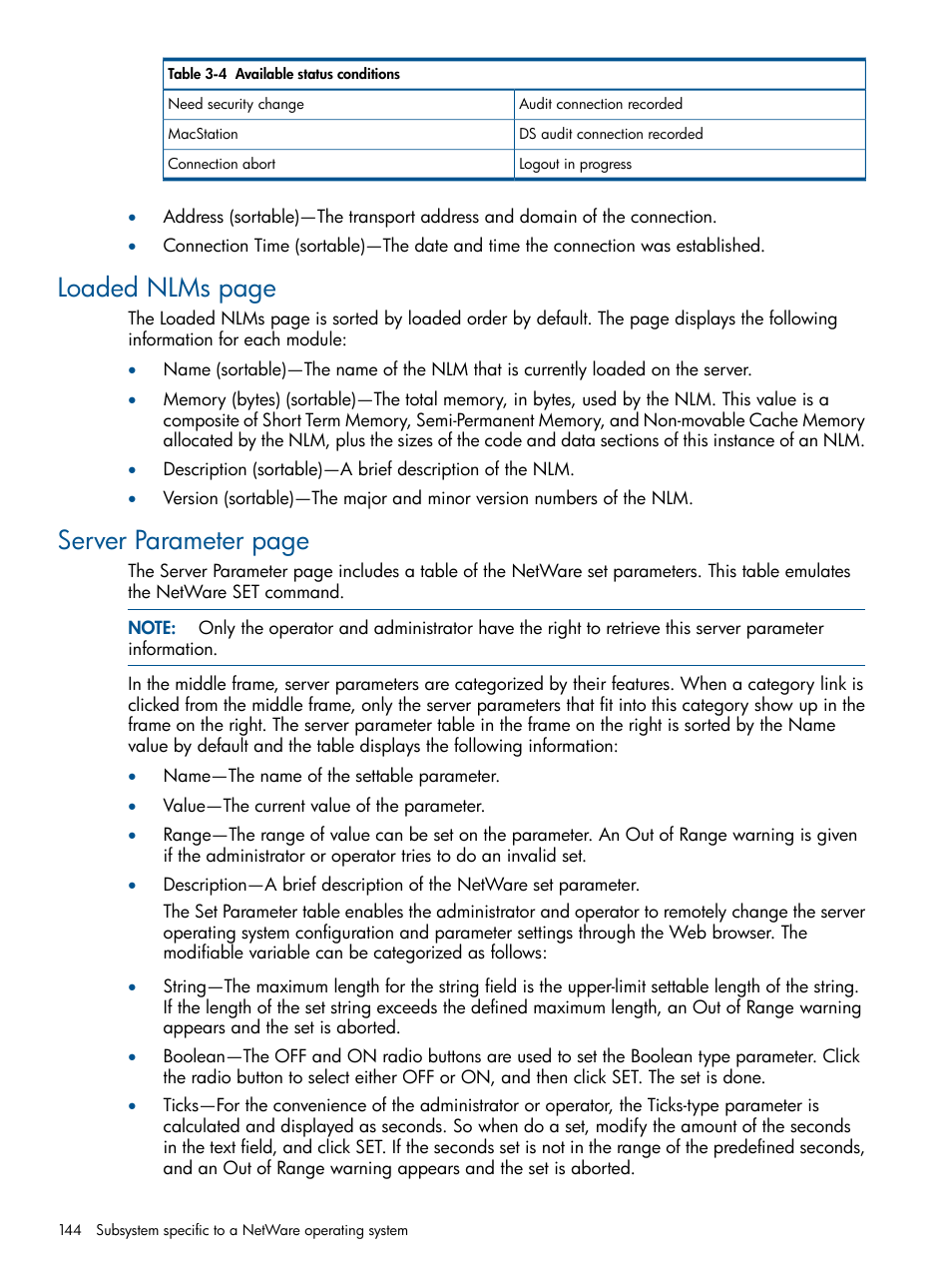 Loaded nlms page, Server parameter page | HP Insight Management Agents User Manual | Page 144 / 165