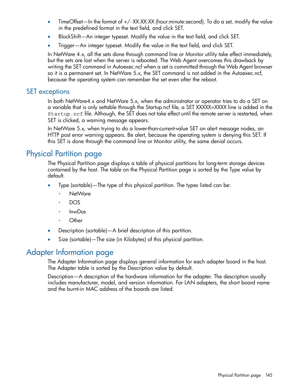 Set exceptions, Physical partition page, Adapter information page | HP Insight Management Agents User Manual | Page 145 / 165