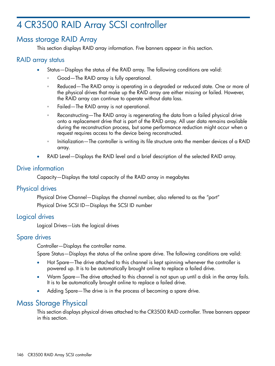 4 cr3500 raid array scsi controller, Mass storage raid array, Raid array status | Drive information, Physical drives, Logical drives, Spare drives, Mass storage physical | HP Insight Management Agents User Manual | Page 146 / 165